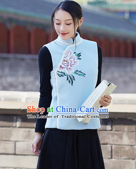 Traditional Chinese National Costume Hanfu Printing Peony Cheongsam Vests, China Tang Suit Waistcoat for Women