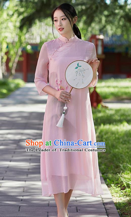 Traditional Chinese National Costume Hanfu Painting Lotus Pink Qipao Dress, China Tang Suit Cheongsam for Women