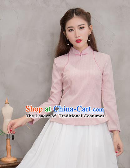 Traditional Chinese National Costume Hanfu Pink Stand Collar Blouse, China Tang Suit Cheongsam Upper Outer Garment Shirt for Women