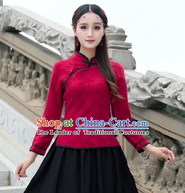 Traditional Chinese National Costume Hanfu Embroidery Red Lace Blouse, China Tang Suit Cheongsam Upper Outer Garment Shirt for Women