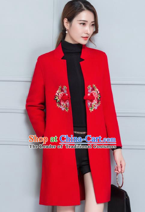 Traditional Chinese National Costume Hanfu Plated Buttons Red Woolen Embroidered Coats, China Tang Suit Coat for Women