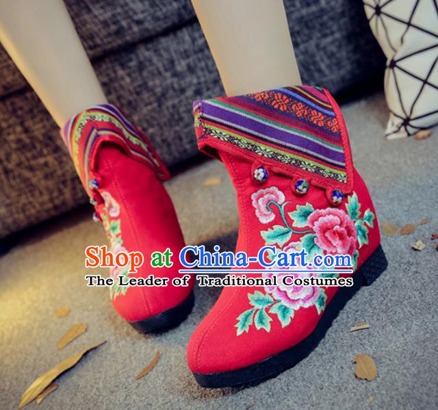 Traditional Chinese National Hanfu Embroidery Peony Red Boots, China Embroidered Shoes for Women