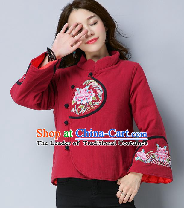 Traditional Chinese National Costume Hanfu Embroidered Peony Cotton-padded Jacket, China Tang Suit Red Coat for Women