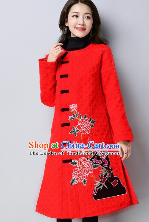 Traditional Chinese National Costume Hanfu Red Embroidered Dust Coat, China Tang Suit Outer Garment Coat for Women