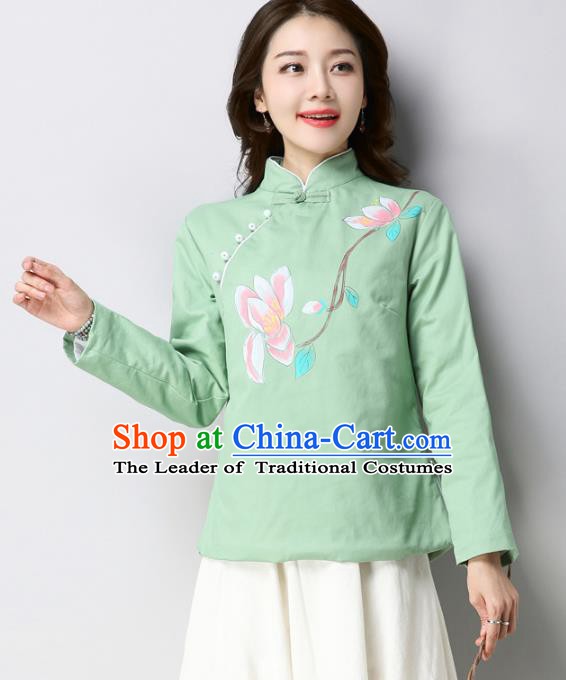Traditional Chinese National Costume Hanfu Printing Magnolia Green Qipao Blouse, China Tang Suit Cheongsam Shirts for Women