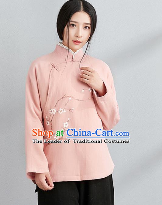 Traditional Chinese National Costume Hanfu Painting Wintersweet Pink Blouse, China Tang Suit Cheongsam Upper Outer Garment Shirt for Women