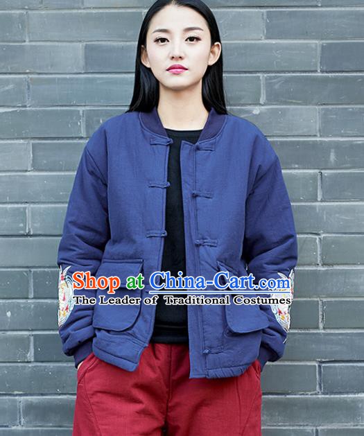 Traditional Chinese National Costume Hanfu Embroidered Blue Cotton-padded Jacket, China Tang Suit Coat for Women