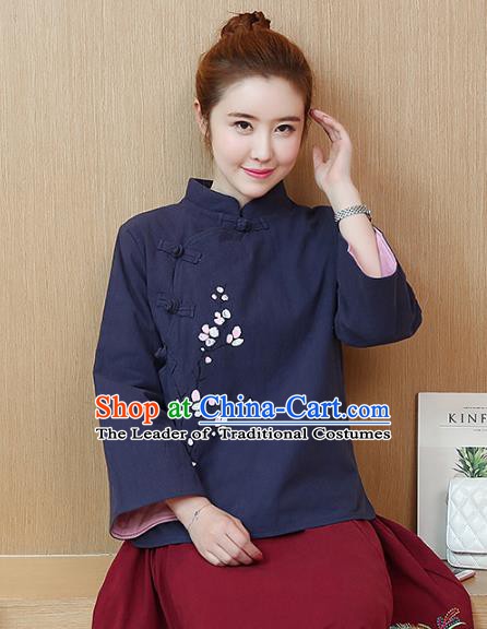 Traditional Chinese National Costume Hanfu Navy Qipao Blouse, China Tang Suit Cheongsam Shirts for Women