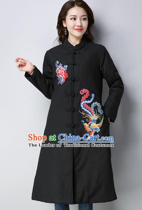 Traditional Chinese National Costume Hanfu Black Embroidered Cotton-padded Coat, China Tang Suit Dust Coat for Women
