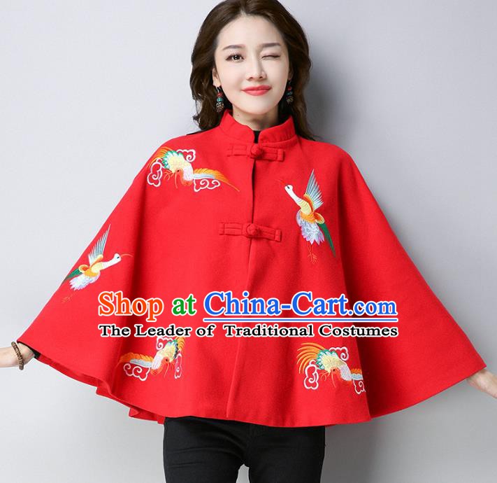 Traditional Chinese National Costume Hanfu Red Embroidered Red Cloak, China Tang Suit Cape for Women
