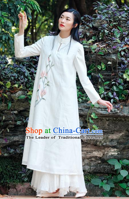 Traditional Chinese National Costume Hanfu White Qipao Dress, China Tang Suit Cheongsam for Women