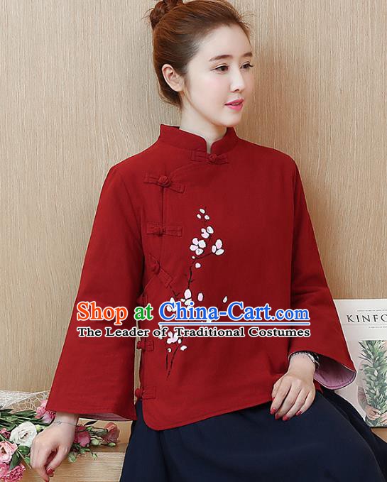 Traditional Chinese National Costume Hanfu Red Qipao Blouse, China Tang Suit Cheongsam Shirts for Women