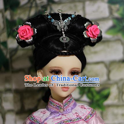 Traditional Handmade Chinese Ancient Qing Dynasty Princess Hair Accessories Hairpins and Wig Complete Set for Women