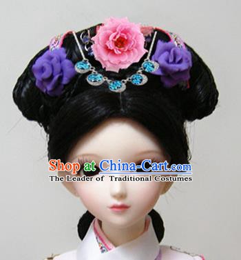 Traditional Handmade Chinese Ancient Qing Dynasty Manchu Palace Lady Hair Accessories Hairpins and Wig Complete Set for Women