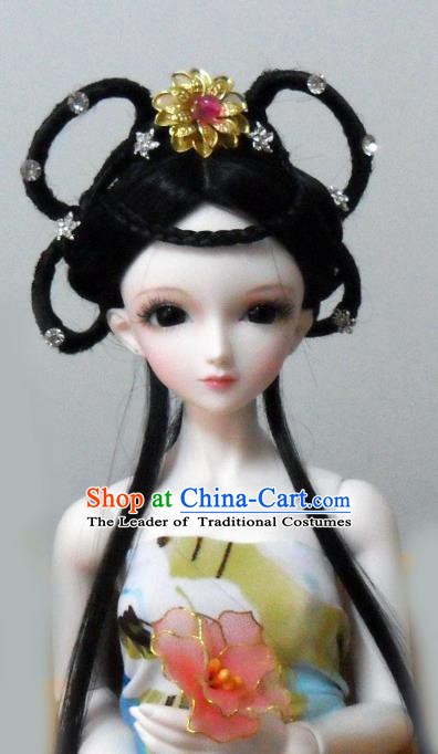 Traditional Handmade Chinese Ancient Tang Dynasty Princess Hair Accessories Palace Lady Wig for Women