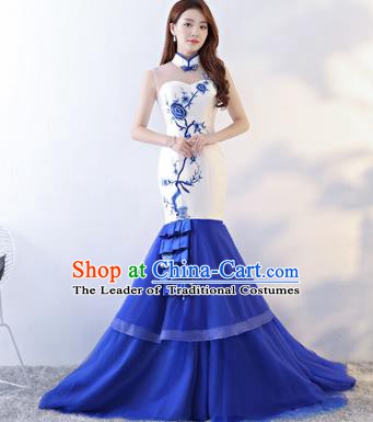 Chinese Style Wedding Catwalks Costume Wedding Bride Embroidered Trailing Full Dress Fishtail Cheongsam for Women