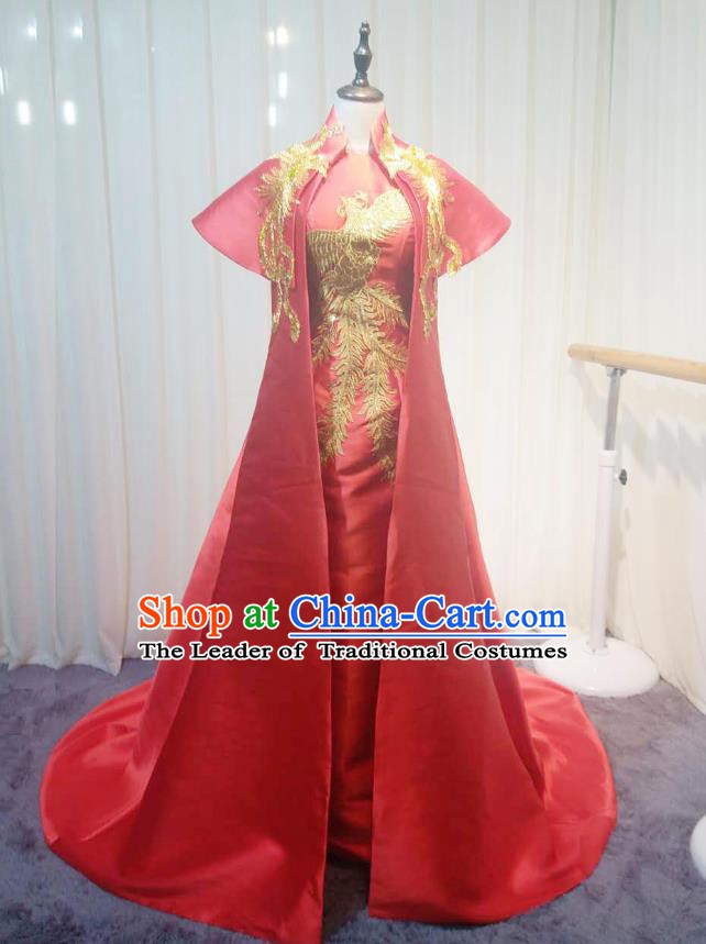 Chinese Style Wedding Catwalks Costume Wedding Red Fishtail Full Dress Compere Bride Embroidered Phoenix Cheongsam for Women