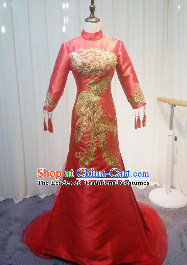 Chinese Style Wedding Catwalks Costume Wedding Red Fishtail Full Dress Compere Embroidered Phoenix Cheongsam for Women