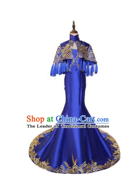 Chinese Style Wedding Catwalks Costume Wedding Blue Fishtail Full Dress Compere Embroidered Cheongsam for Women