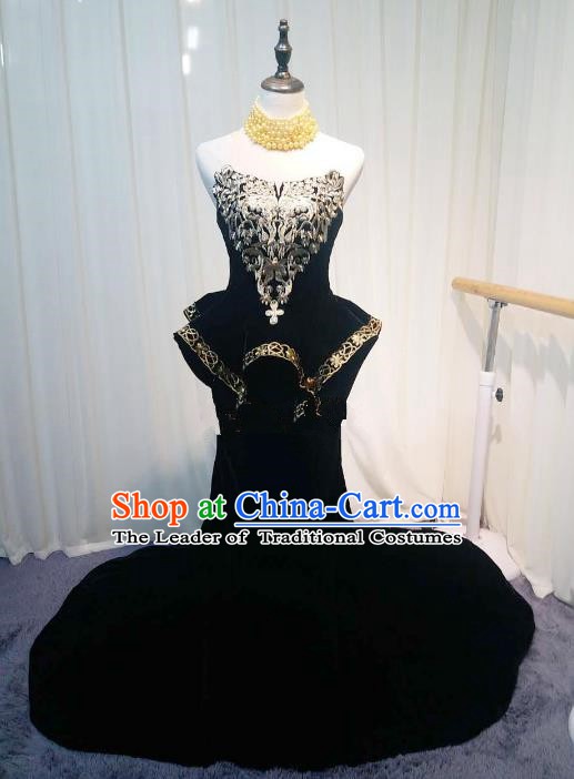 Chinese Style Wedding Catwalks Costume Wedding Trailing Black Full Dress Compere Embroidered Cheongsam for Women