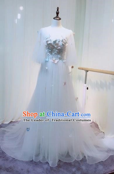 Chinese Style Wedding Catwalks Costume Wedding Bride White Veil Full Dress Compere Clothing for Women
