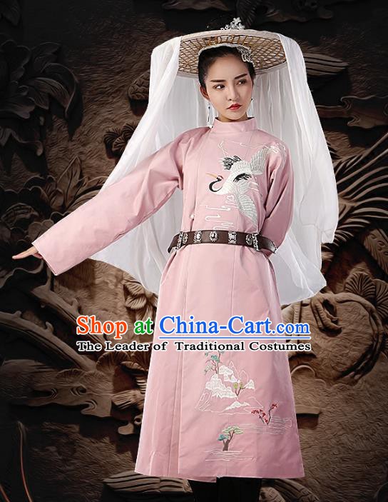 Traditional Chinese Tang Dynasty Imperial Bodyguard Costume Embroidered Pink Round Collar Robe for Women