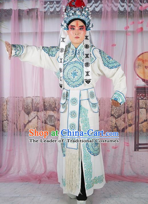 Chinese Beijing Opera Takefu Costume White Embroidered Robe, China Peking Opera Imperial Bodyguard Embroidery Gwanbok Clothing