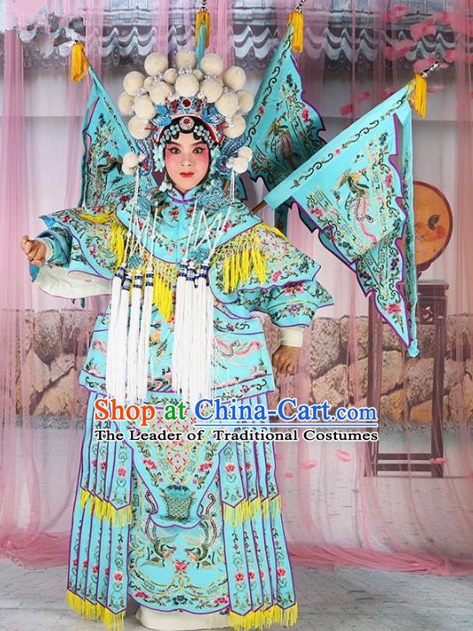 Chinese Beijing Opera Female General Costume Embroidered Blue Armour, China Peking Opera Blues Embroidery Gwanbok Clothing