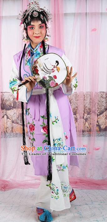 Chinese Beijing Opera Servant Girl Purple Embroidered Costume, China Peking Opera Actress Embroidery Clothing