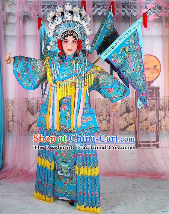 Chinese Beijing Opera Female General Costume Blue Embroidered Robe, China Peking Opera Blues Warrior Embroidery Gwanbok Clothing