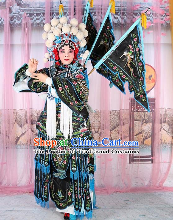 Chinese Beijing Opera Female General Costume Black Embroidered Robe, China Peking Opera Blues Warrior Embroidery Gwanbok Clothing