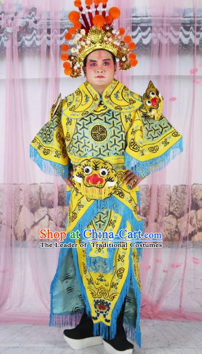 Chinese Beijing Opera Takefu Costume Yellow Embroidered Robe, China Peking Opera Imperial Bodyguard Embroidery Gwanbok Clothing