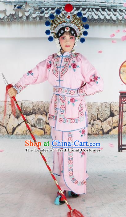 Chinese Beijing Opera Warrior Embroidered Pink Costume, China Peking Opera Blues Actress Embroidery Clothing