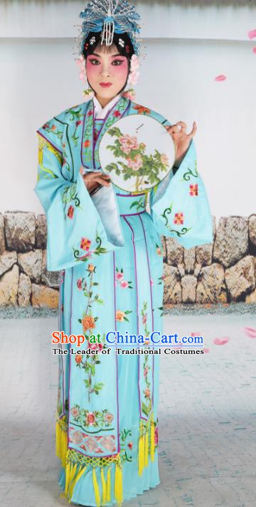 Chinese Beijing Opera Nobility Lady Princess Embroidered Blue Costume, China Peking Opera Actress Embroidery Clothing