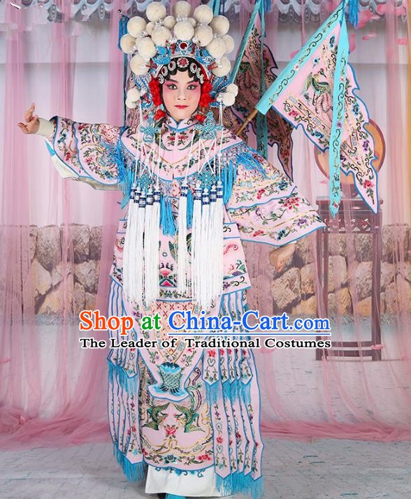Chinese Beijing Opera Female General Costume Light Pink Embroidered Robe, China Peking Opera Blues Warrior Embroidery Gwanbok Clothing