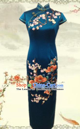 Traditional Chinese National Costume Atrovirens Mandarin Qipao, Tang Suit Embroidered Peony Chirpaur Silk Cheongsam Clothing for Women