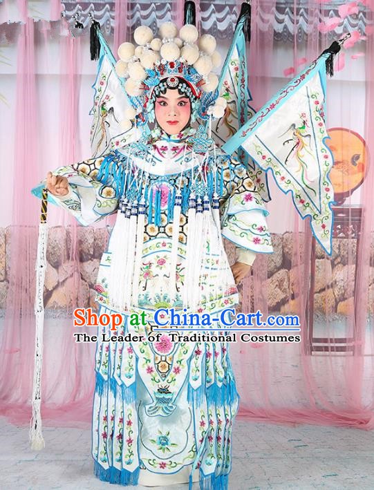 Chinese Beijing Opera Female General Costume White Embroidered Robe, China Peking Opera Blues Warrior Embroidery Gwanbok Clothing