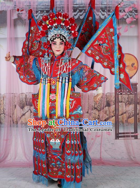 Chinese Beijing Opera Female General Costume Red Embroidered Robe, China Peking Opera Blues Warrior Embroidery Gwanbok Clothing