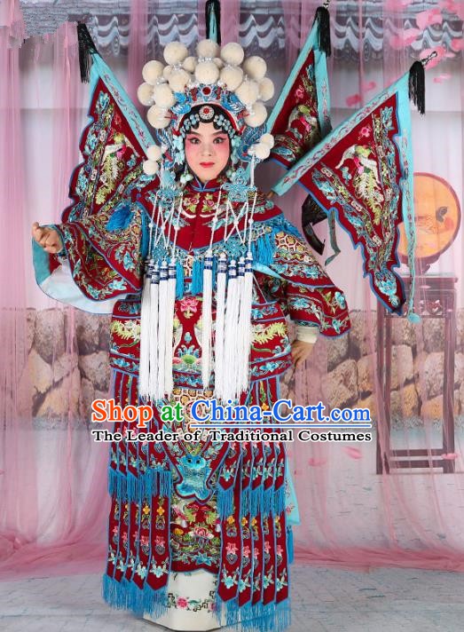 Chinese Beijing Opera Female Swordplay Wine Red Embroidered Costume, China Peking Opera Blues Embroidery Gwanbok Clothing