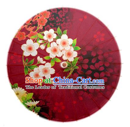 Asian China Dance Umbrella Handmade Classical Printing Flowers Oil-paper Umbrellas Stage Performance Wine Red Umbrella