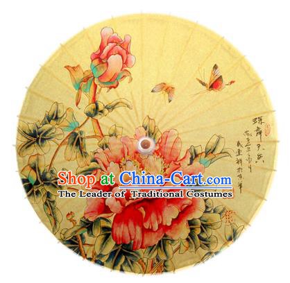 Asian China Dance Handmade Umbrella Stage Performance Umbrella Printing Peony Yellow Oil-paper Umbrellas