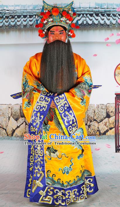 Chinese Beijing Opera Prime Minister Costume Yellow Embroidered Robe, China Peking Opera Officer Embroidery Clothing