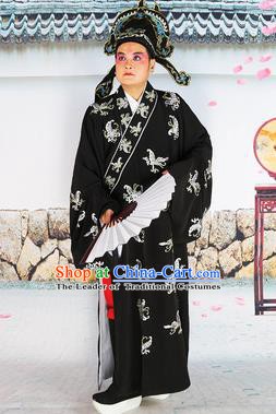 Chinese Beijing Opera Niche Costume Black Embroidered Robe, China Beijing Opera Scholar Embroidery Butterfly Clothing