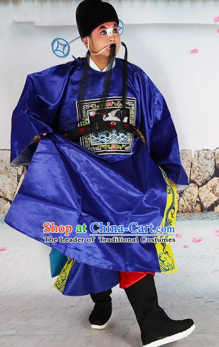 Chinese Beijing Opera County Magistrate Costume Blue Embroidered Robe, China Peking Opera Officer Embroidery Clothing