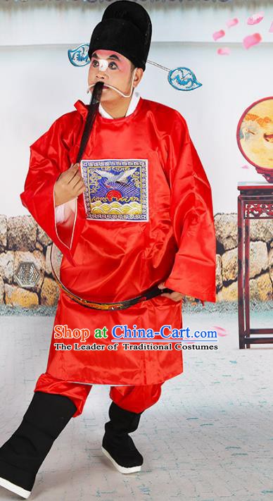 Chinese Beijing Opera Magistrate Costume Red Embroidered Robe, China Peking Opera Officer Embroidery Clothing