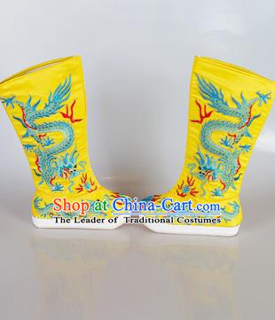 Chinese Beijing Opera Emperor Yellow Embroidered Boots, China Peking Opera Takefu General Embroidery Dragons Shoes