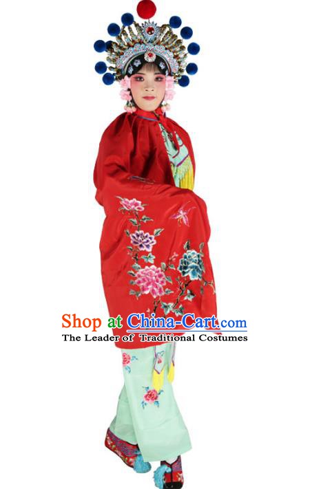 Chinese Beijing Opera Female Soldier Costume Embroidered Red Short Cloak, China Peking Opera Blues Embroidery Mantle Clothing