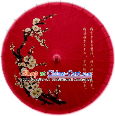 Asian China Dance Handmade Umbrella Stage Performance Props Red Umbrella Painting Plum Blossom Oil-paper Umbrellas