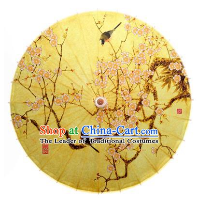 China Traditional Dance Handmade Umbrella Ink Painting Plum Blossom Birds Yellow Oil-paper Umbrella Stage Performance Props Umbrellas