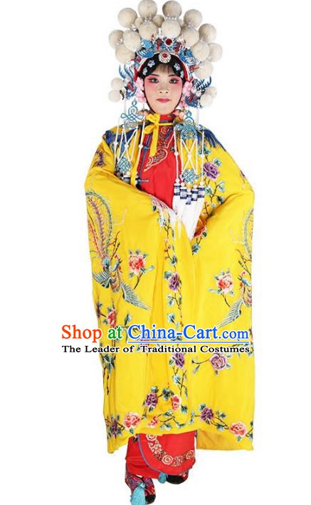 Chinese Beijing Opera Female Soldier Costume Embroidered Yellow Cloak, China Peking Opera Blues Embroidery Mantle Clothing